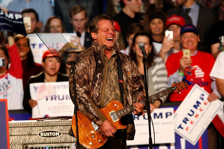 Musician and political activist Ted Nugent performs for the audience during a campaign rally for Donald Trump at the Devos Place in Grand Rapids, Michigan November 7, 2016. 