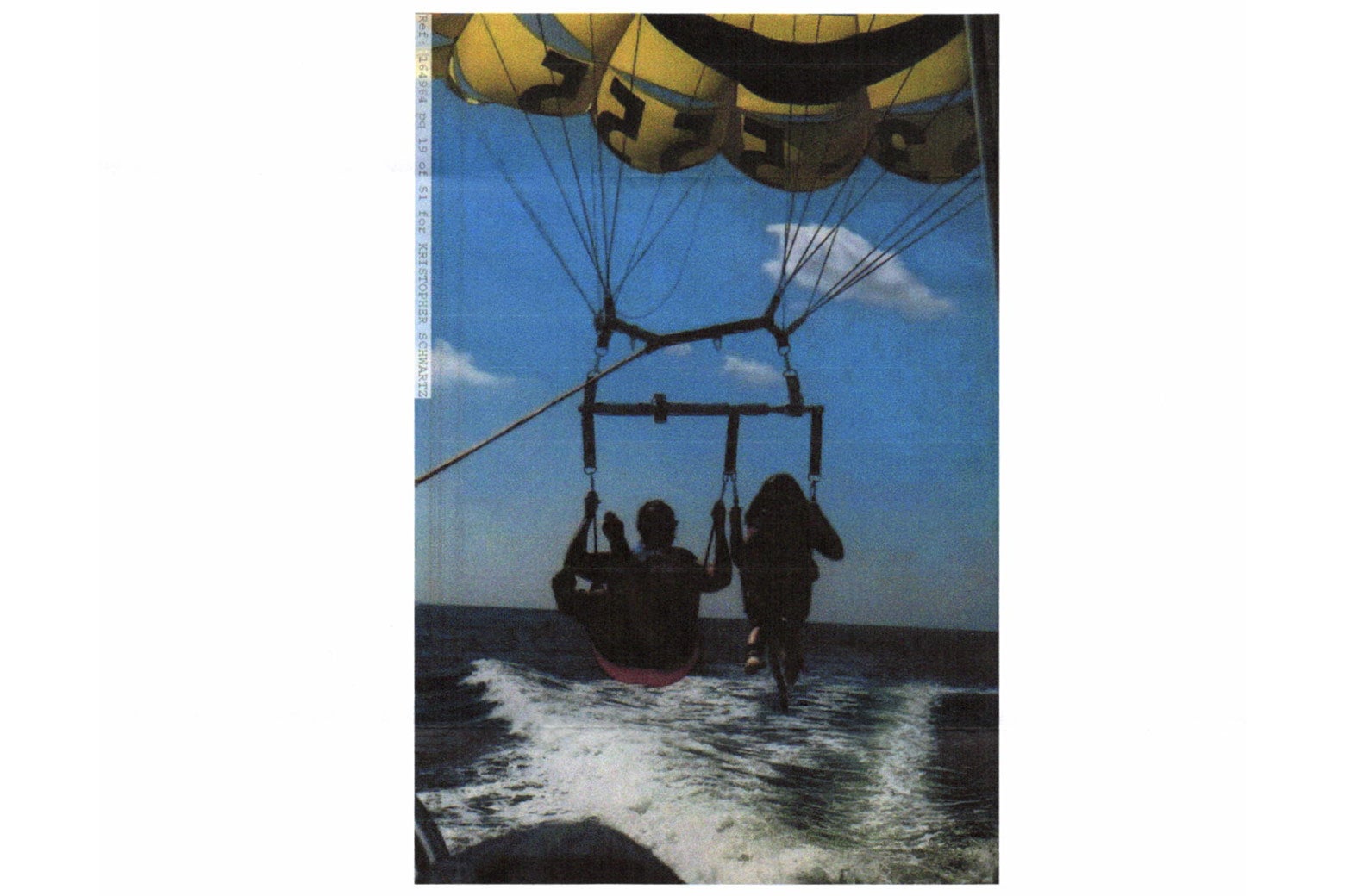 A scanned photo sent to Robert Pezzeca of a family member paragliding.