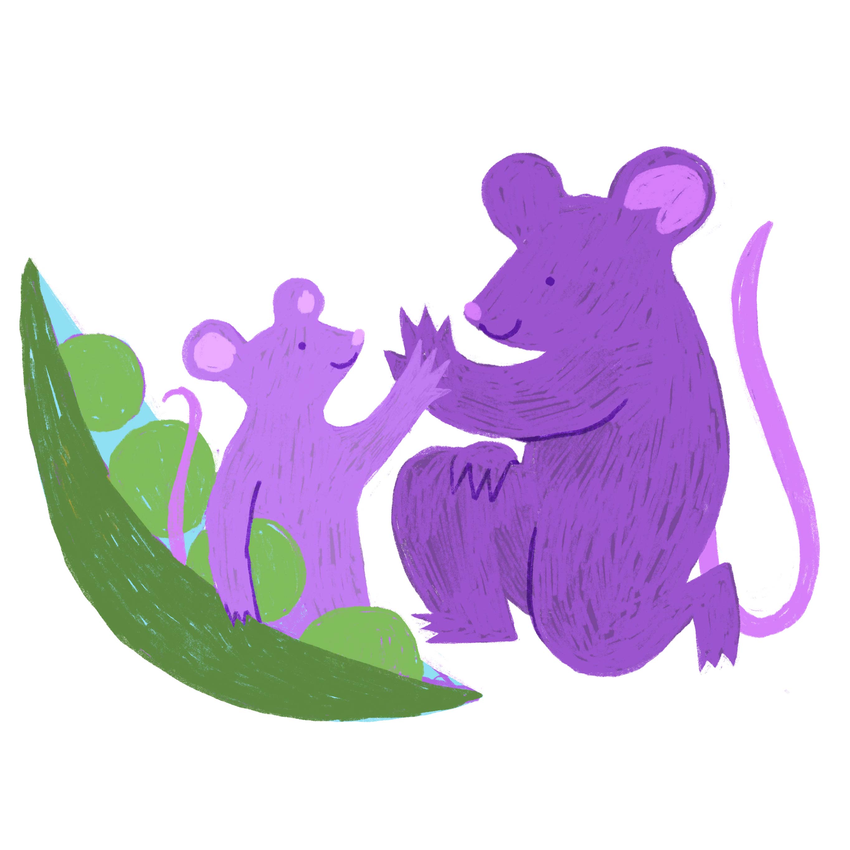 A purple rat high-fives a smaller purple rat in a pea pod.
