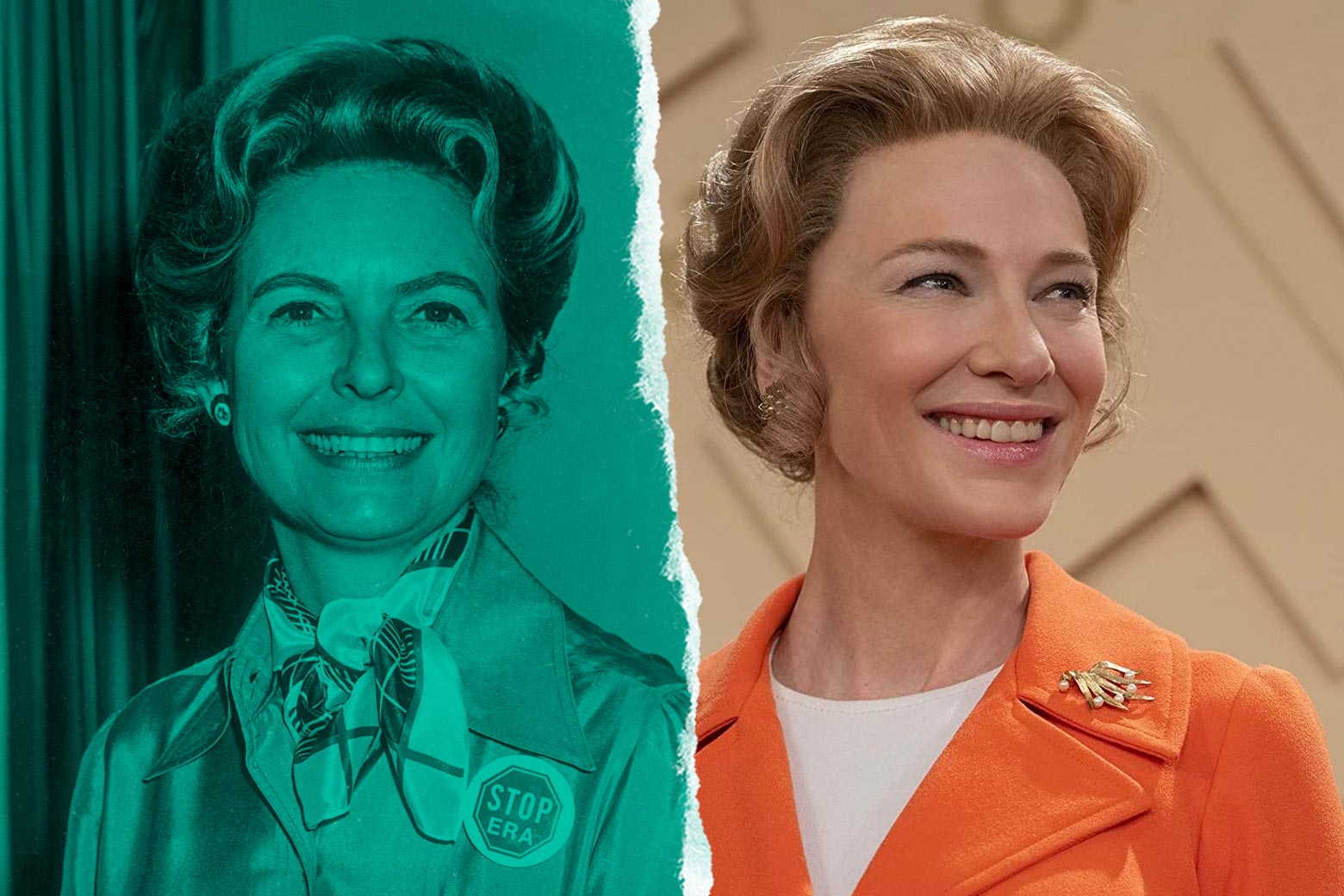 A side-by-side of the two women, both with their blonde hair up in curls and their faces smiling