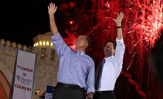 Mitt Romney and Paul Ryan greet supporters during a Victory Rally in Daytona Beach, Florida.