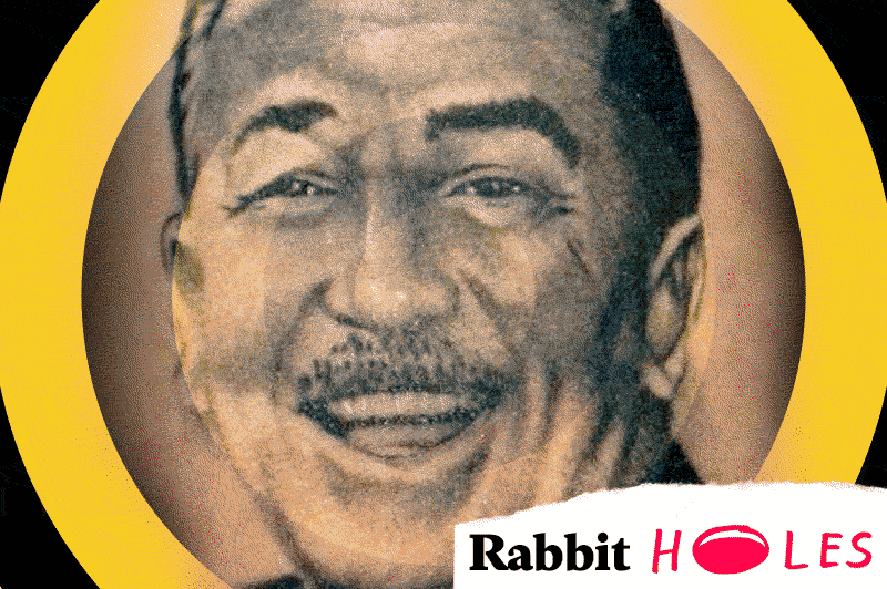 GIF: a tattoo of Walt Disney's face inside an animated rabbit hole.