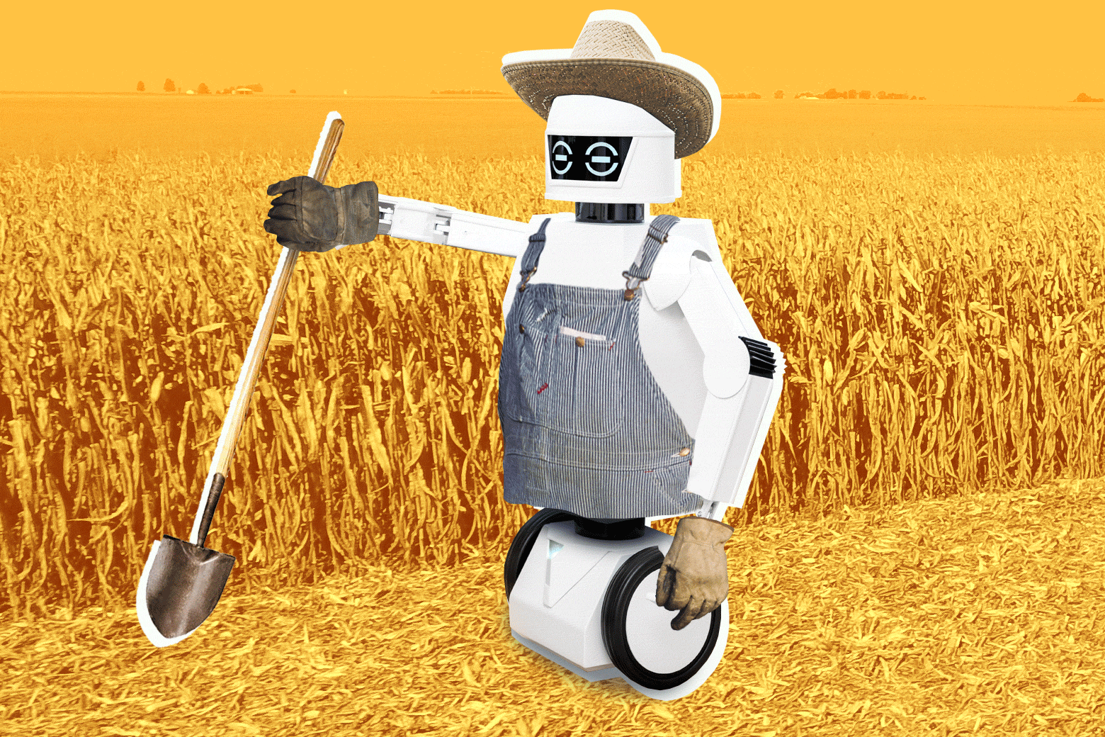 A robot farmer holding a shovel in a field of wheat.