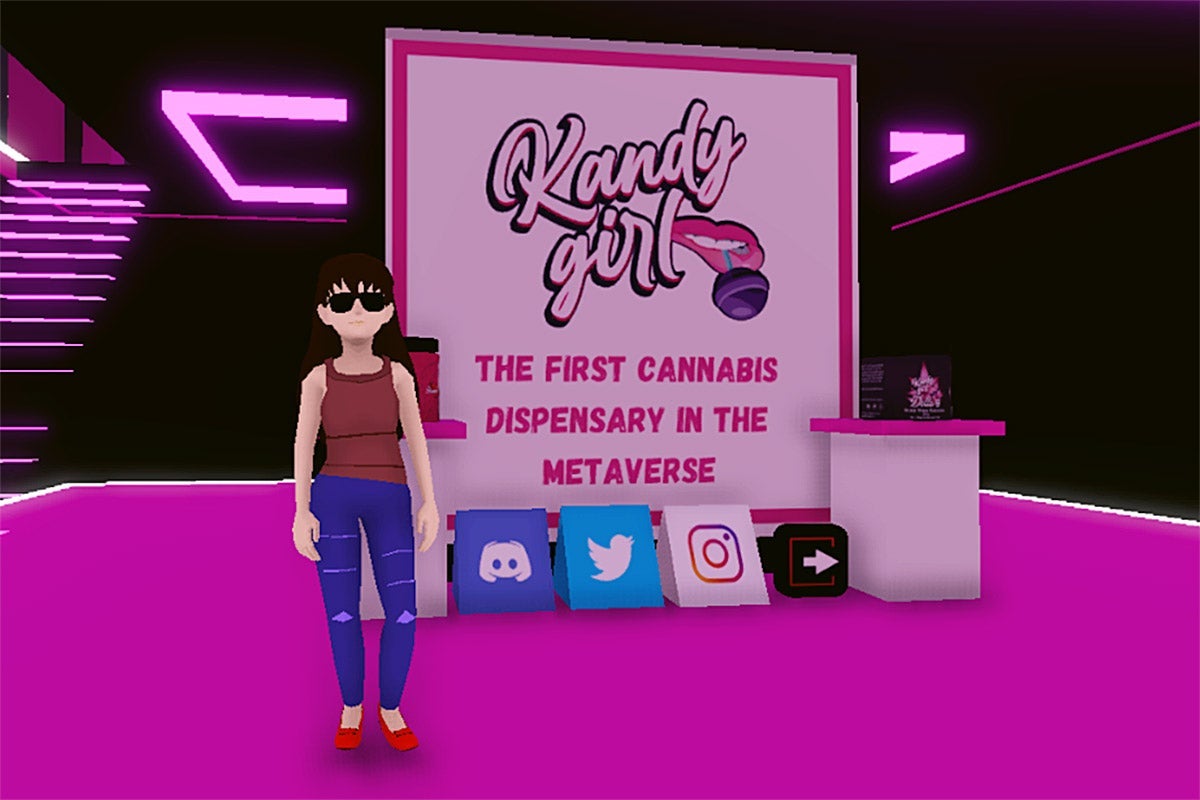 An avatar in jeans, red heels, and sunglasses stands in front of a sign that says, "Kandy Girl, the first cannabis dispensary in the metaverse."