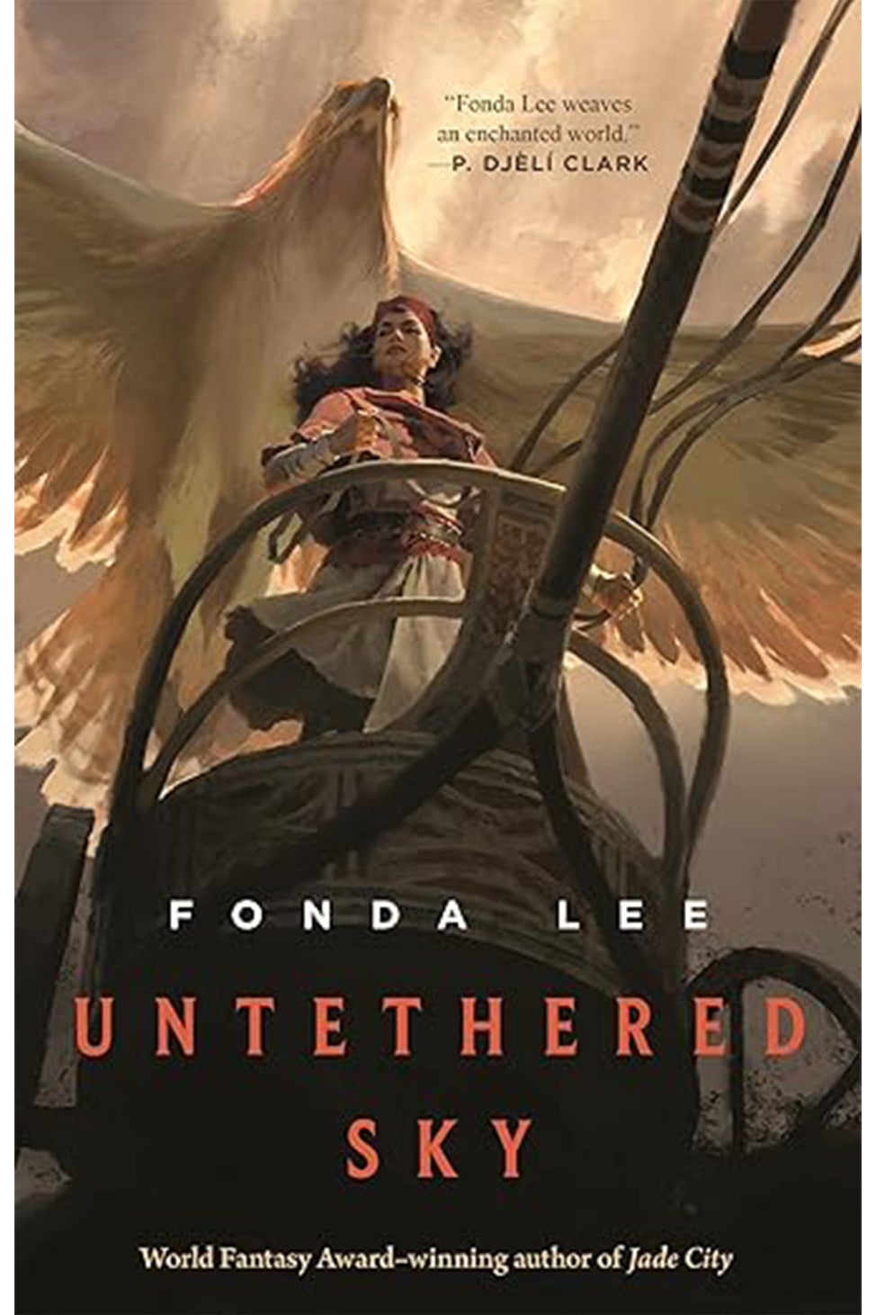A book jacket has a woman steering some kind of chariot with a huge bird looming behind her.