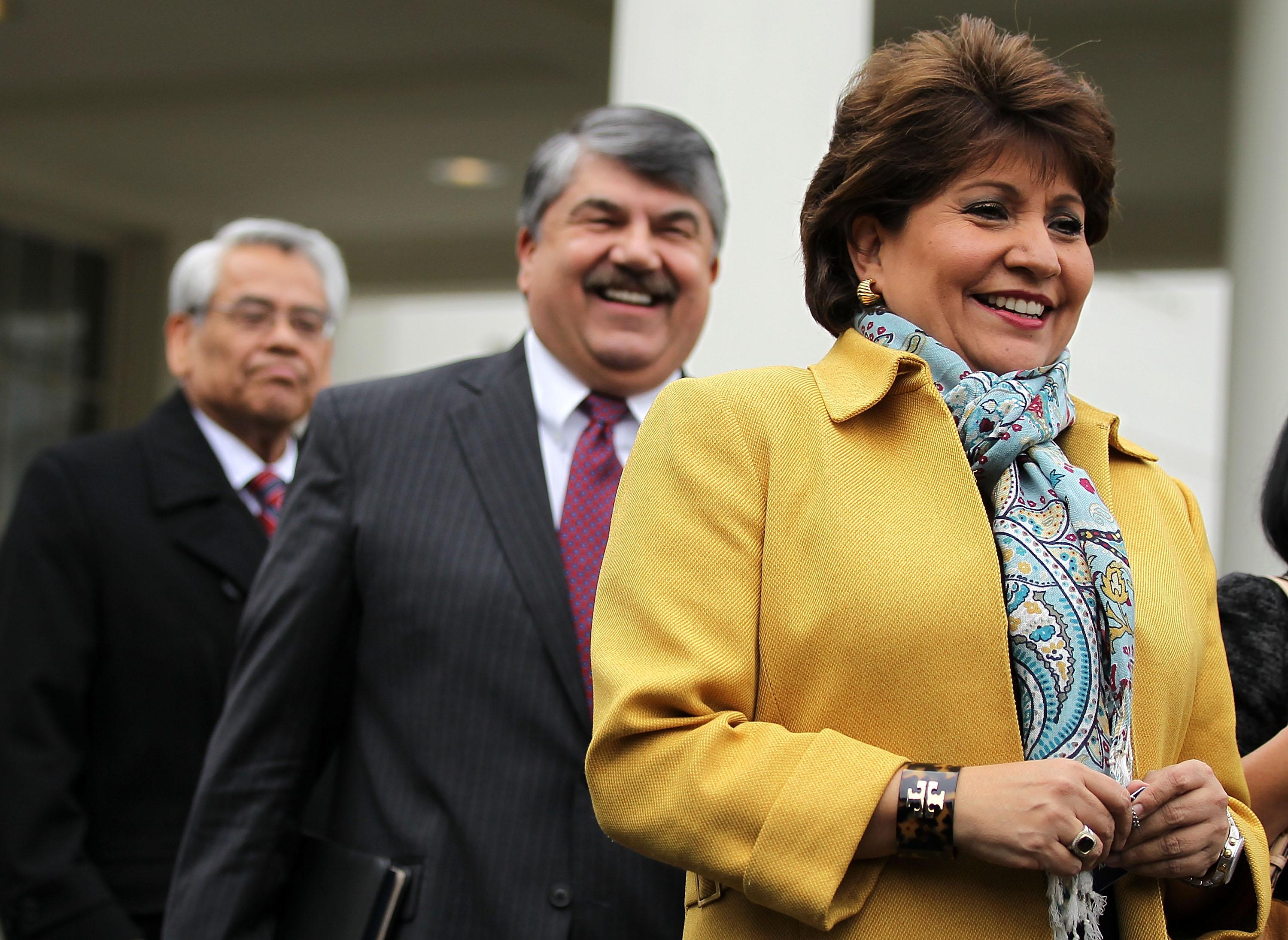From left: Secretary-Treasurer of SEIU Eliseo Medina, AFL-CIO President Richard Trumka, and President and CEO of National Council of la Raza Janet Murguia come out from the West Wing of the White House after a meeting with President Barack Obama, Feb. 5, 2013, in Washington, D.C.