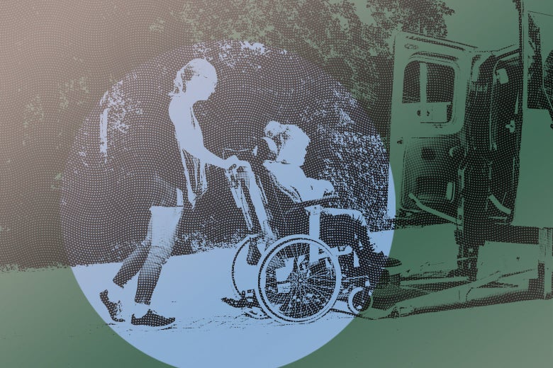 A woman pushes a child in a wheelchair toward a van.