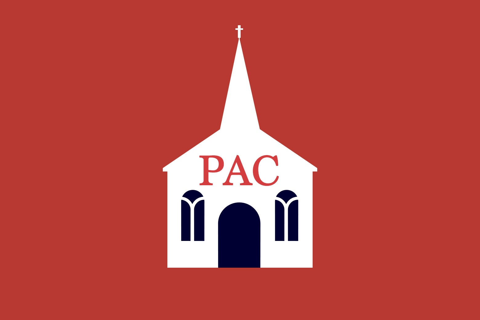 The white cut-out of a church and steeple, on a red background, has the words "PAC" written on it. 