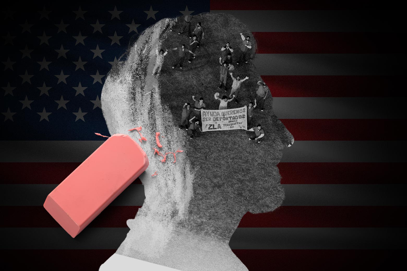 Profile view of a person who has been forcibly drained of empathy, visualizing a crowd protesting against the forced deportations but also himself being erased with a pink eraser. In the background is an American flag.