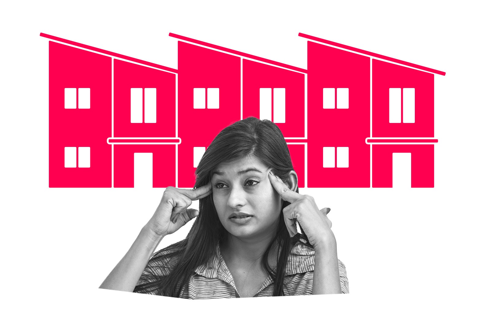 A woman massages her temples in pain in front of an illustrated row of townhomes.