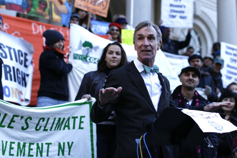 Bill Nye speaks during a press conference before a global climate march outside the City Hall on November 29, 2015 in New York City.