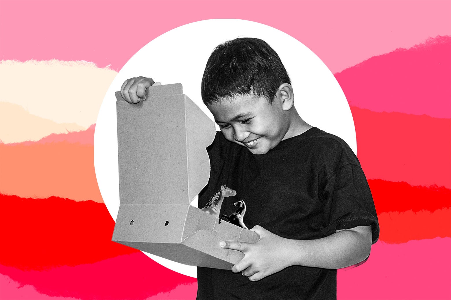 Child looking inside a box.