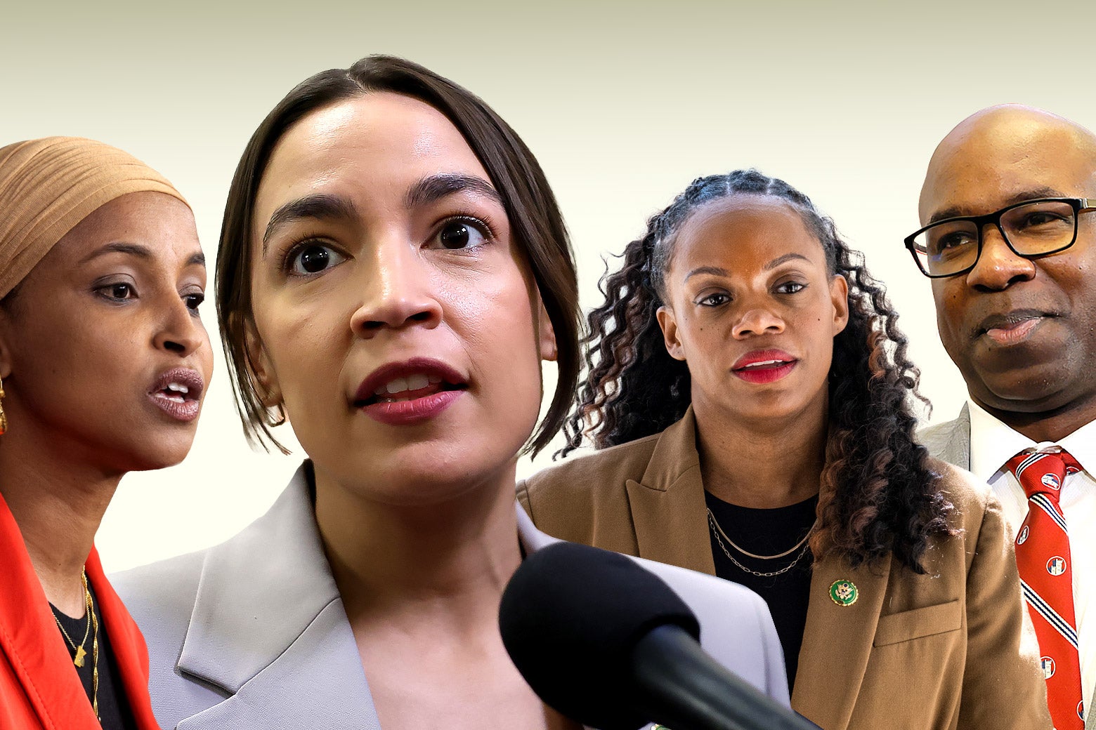 A collage of photos of AOC, Ilhan Omar, Jamaal Bowman, and Summer Lee.