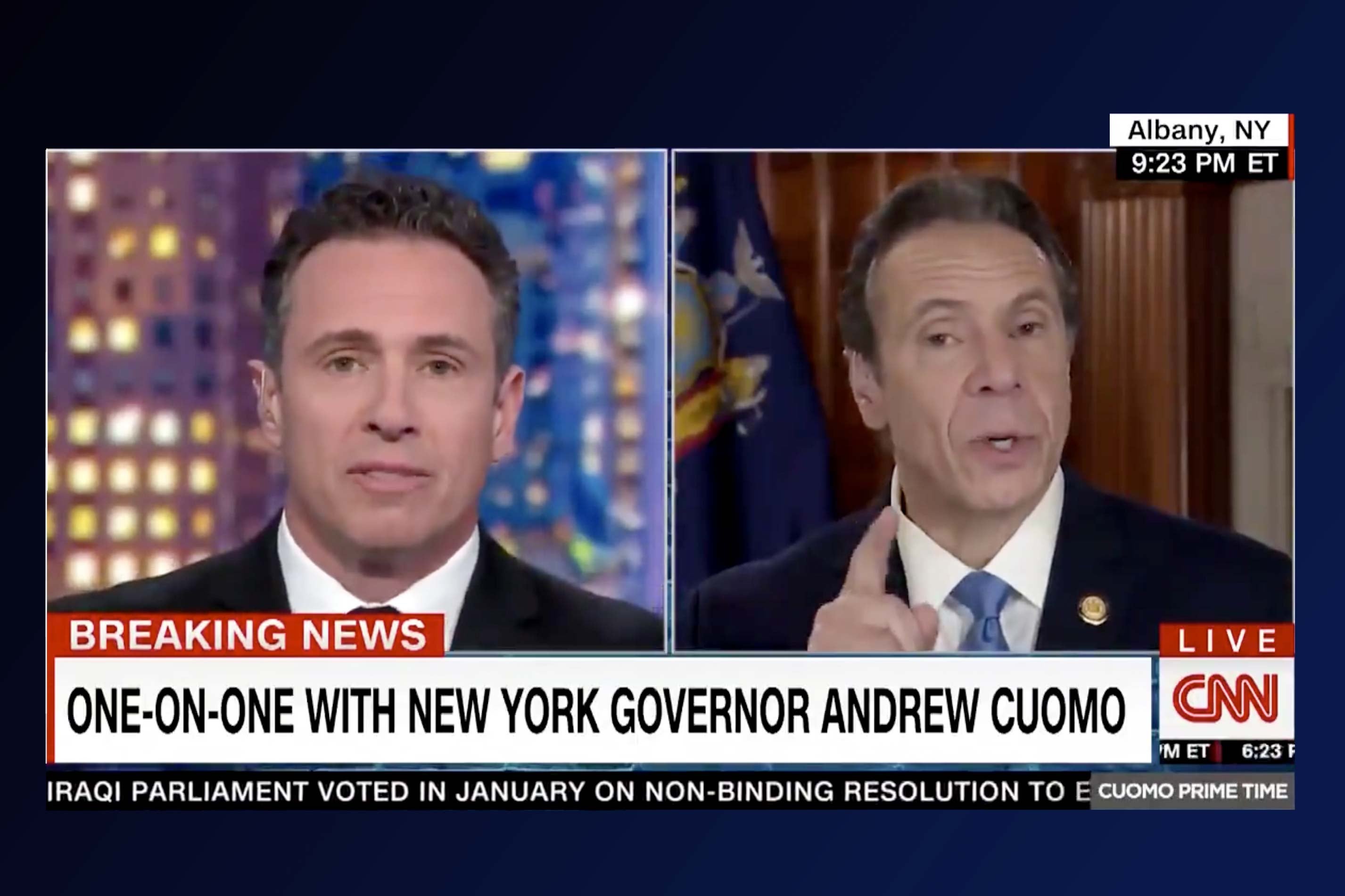 Chris and Andrew Cuomo live in CNN. 