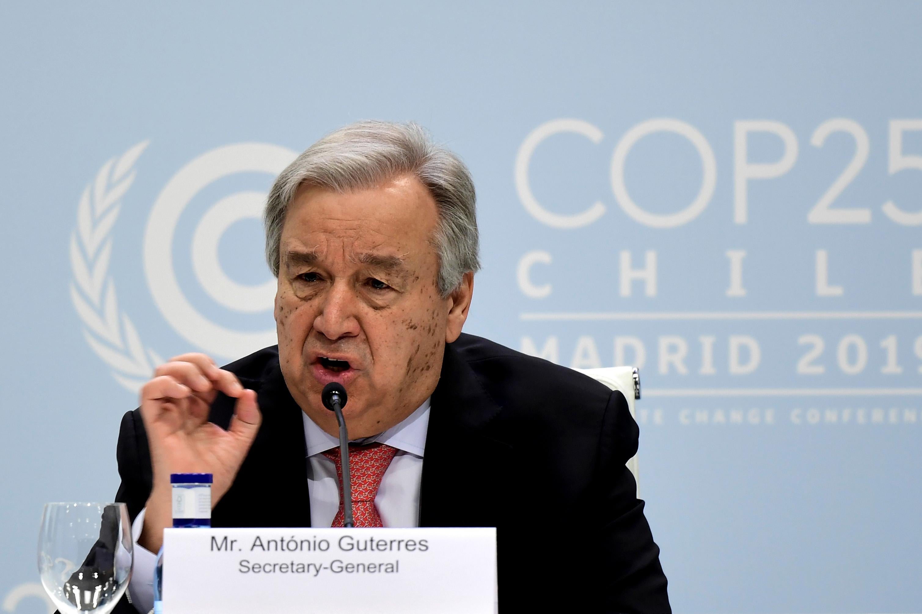United Nations Secretary-General Antonio Guterres gives a press conference in Madrid, on December 1, 2019.