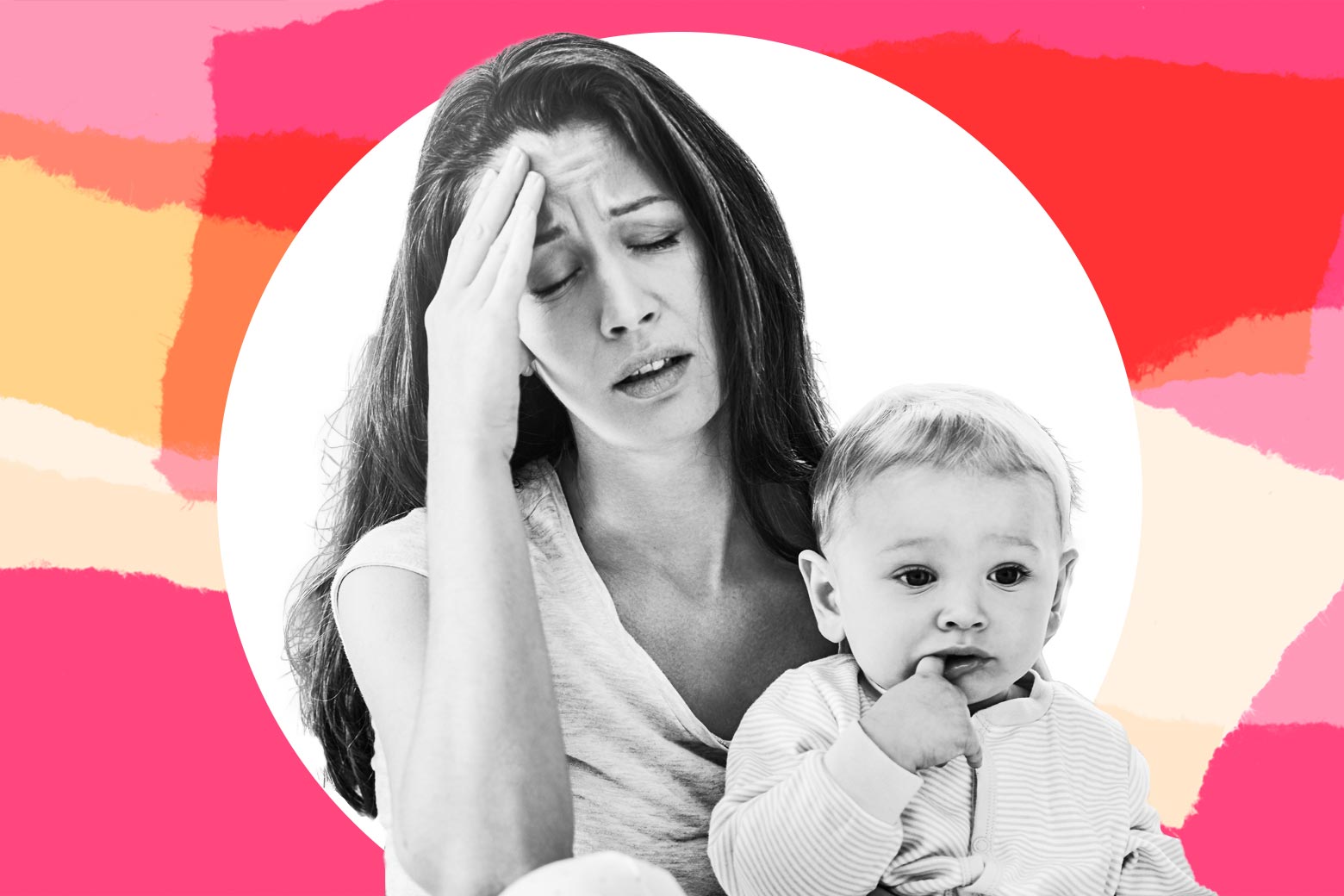 A person holds their head looking upset while holding a baby.