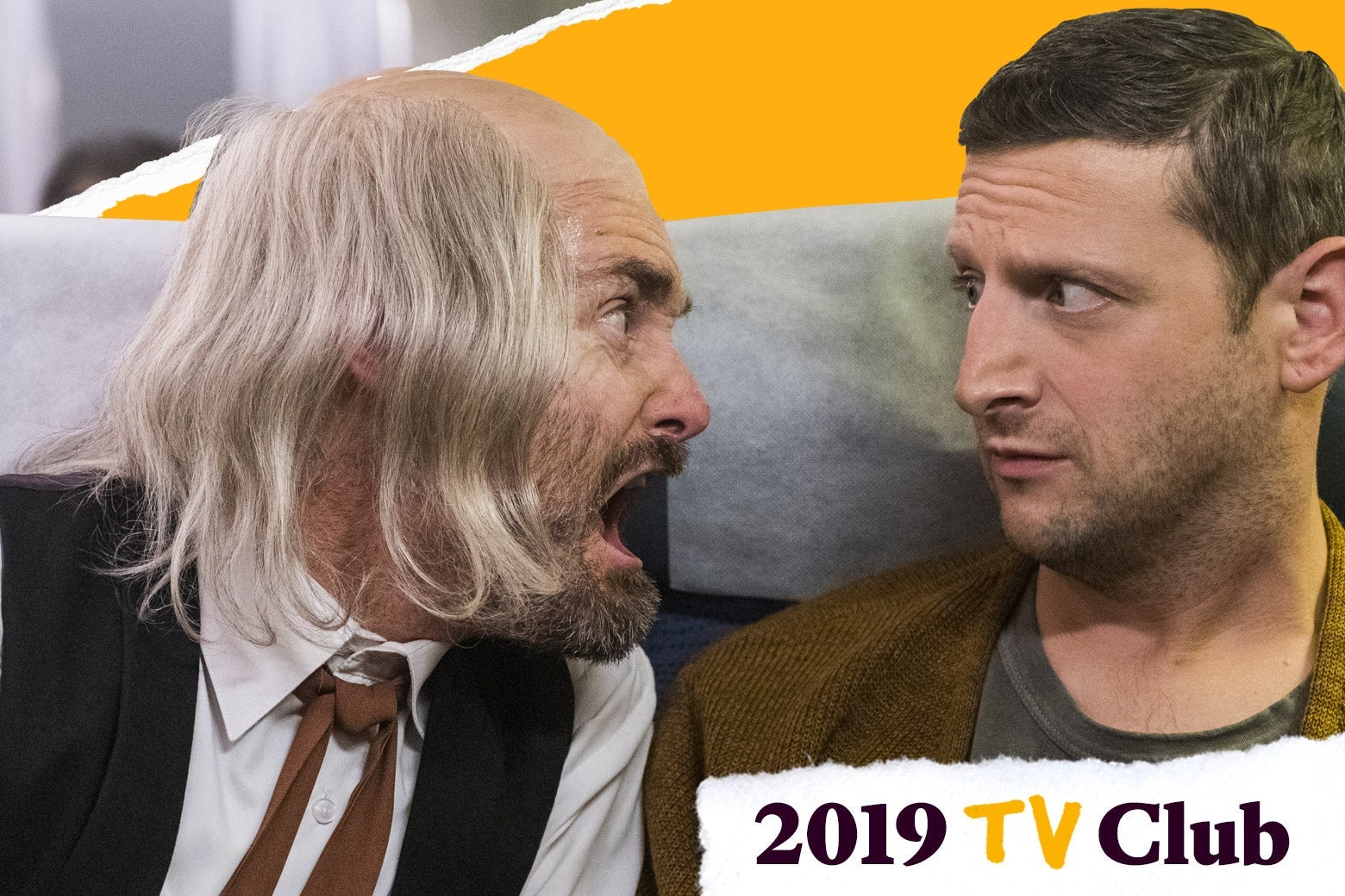 Will Forte cries like a baby in Tim Robinson's face as they both sit on a plane in this still from I Think You Should Leave.