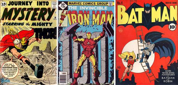 Comic book covers for Thor, Nov. 1962; Iron Man, 1977; and Batman, winter 1940.