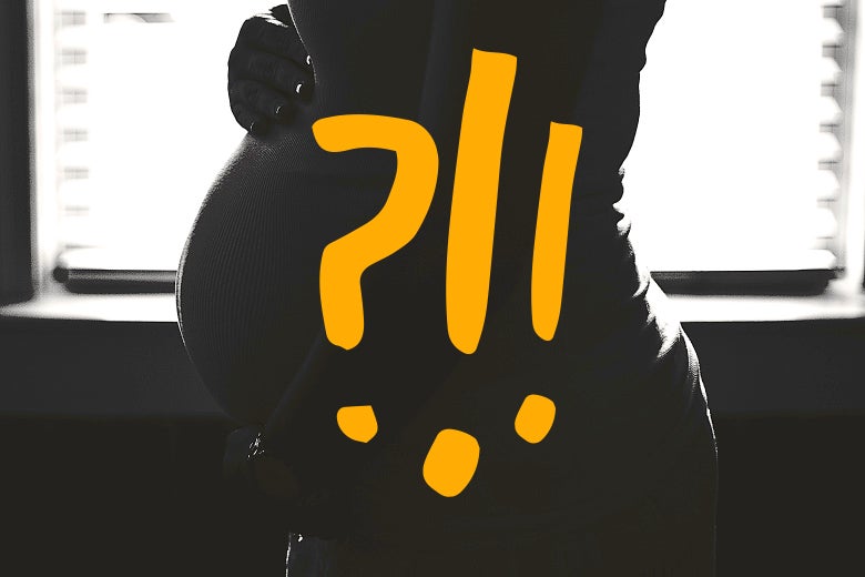 A pregnant woman with a question mark and two exclamation marks drawn over her, presumably because she may have a double uterus