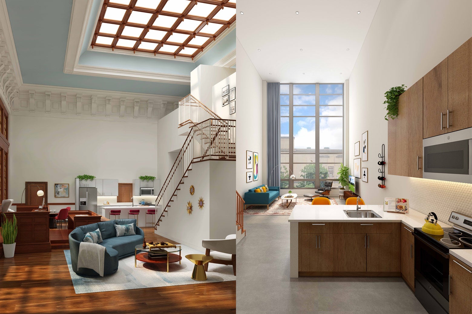 Two airy interiors of new apartments. On the left, a dramatic staircase leading to a large, gridded skylight. On the right, a kitchen and living room.