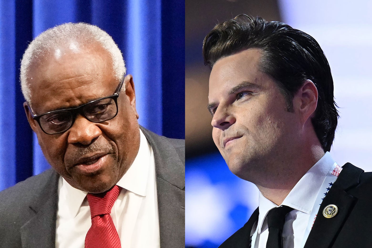 A split picture of Clarence Thomas and Matt Gaetz.