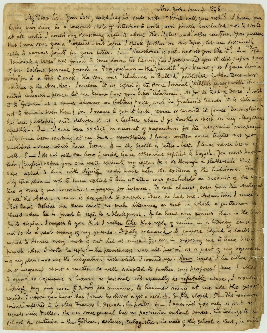 Edgar Allan Poe A letter to a fan in which he tells the story of