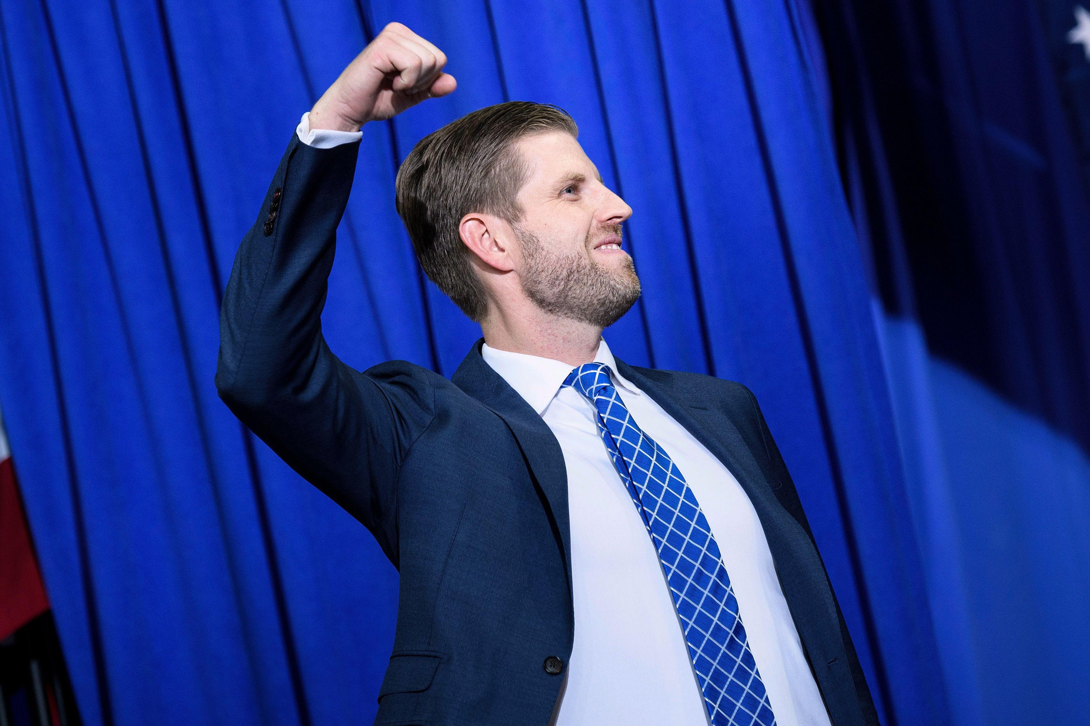 Eric Trump gestures as he arrives for a "Keep America Great" rally at the Target Center in Minneapolis, Minnesota on October 10, 2019.