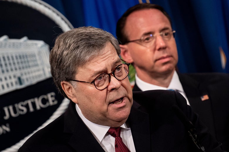  William Barr speaks with a DOJ seal behind him. Rod Rosenstein is at his side.