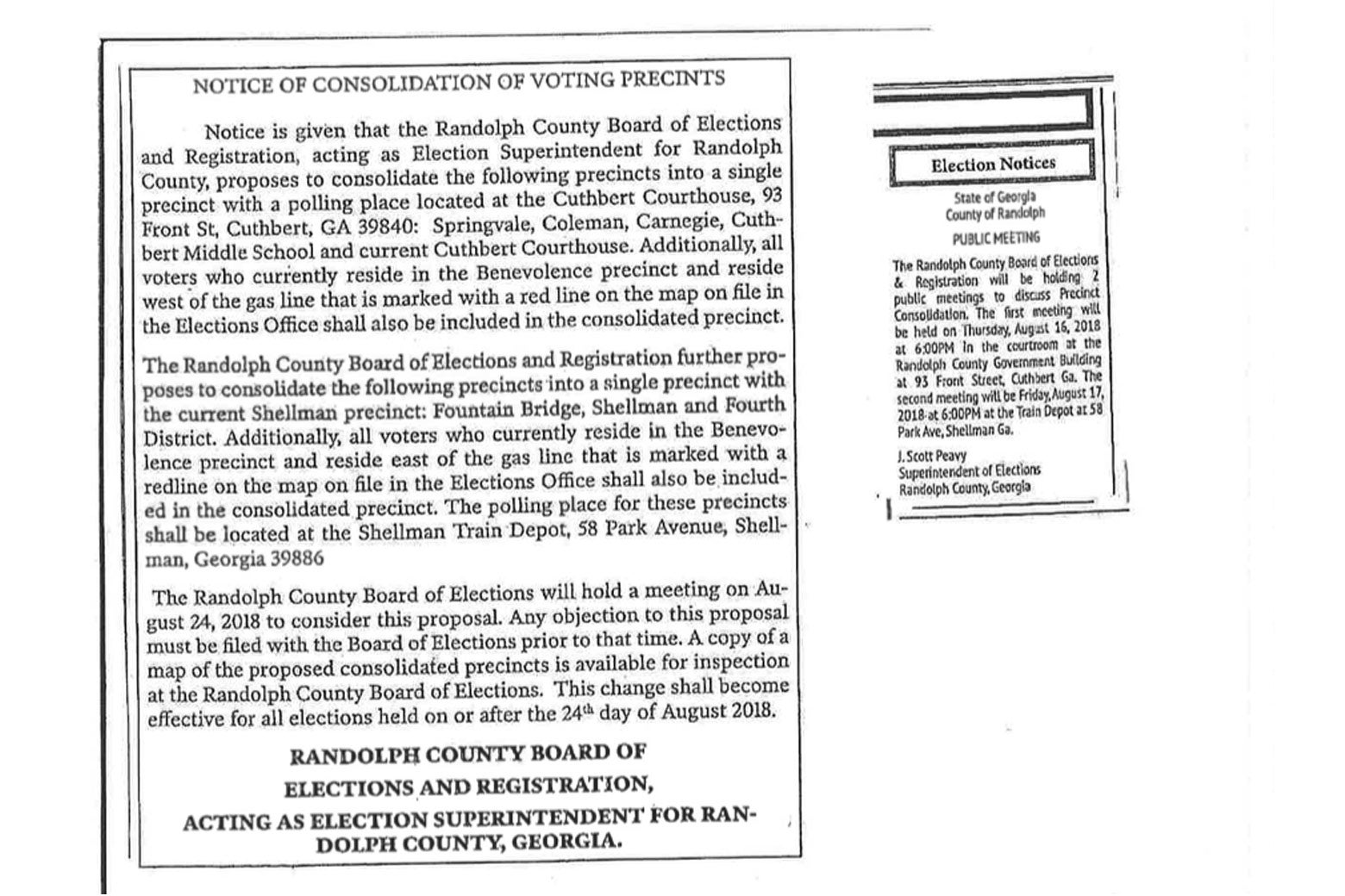 Two printed notices placed by the Randolph County Board of Elections and Registration.