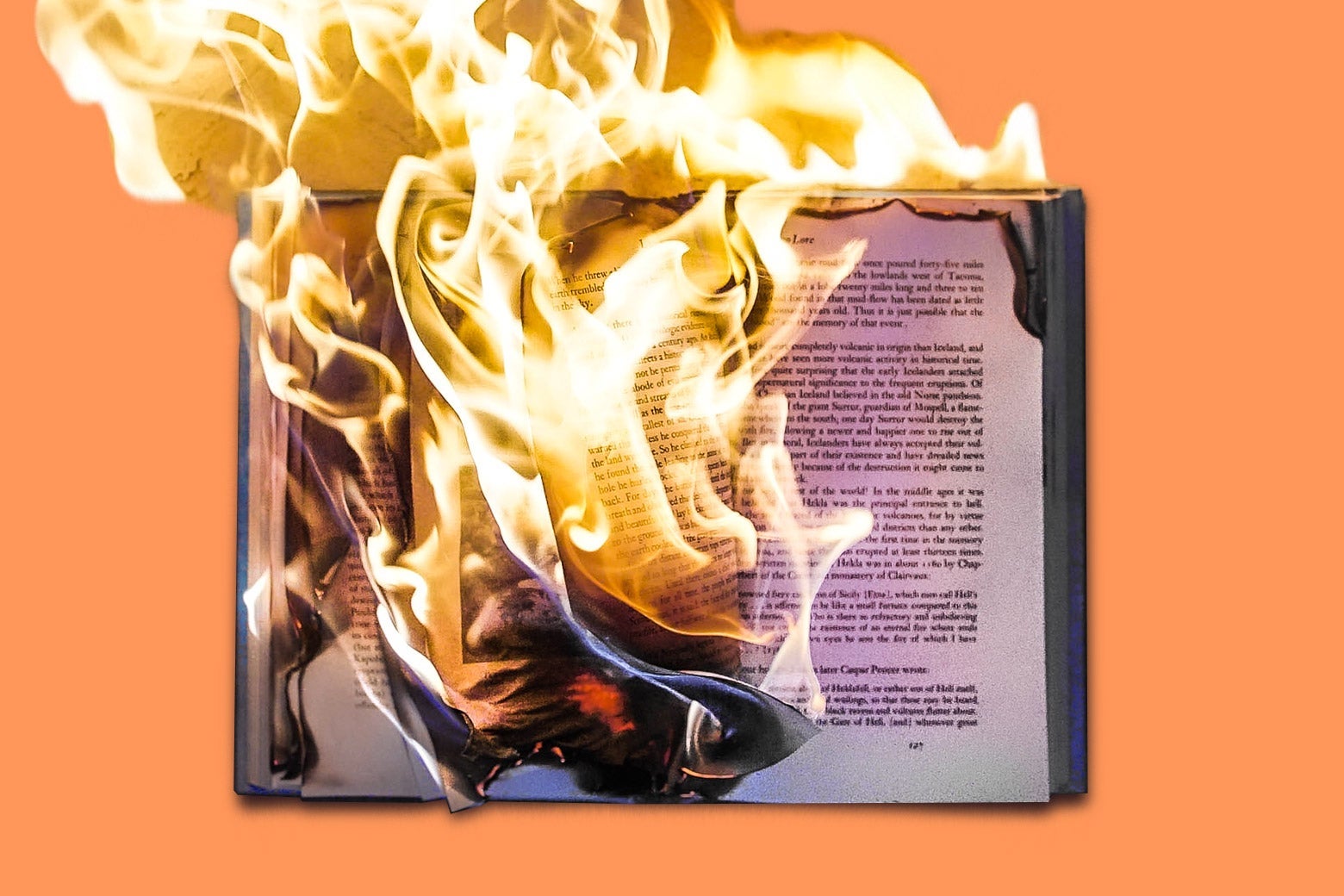 An open book is on fire against an orange background.