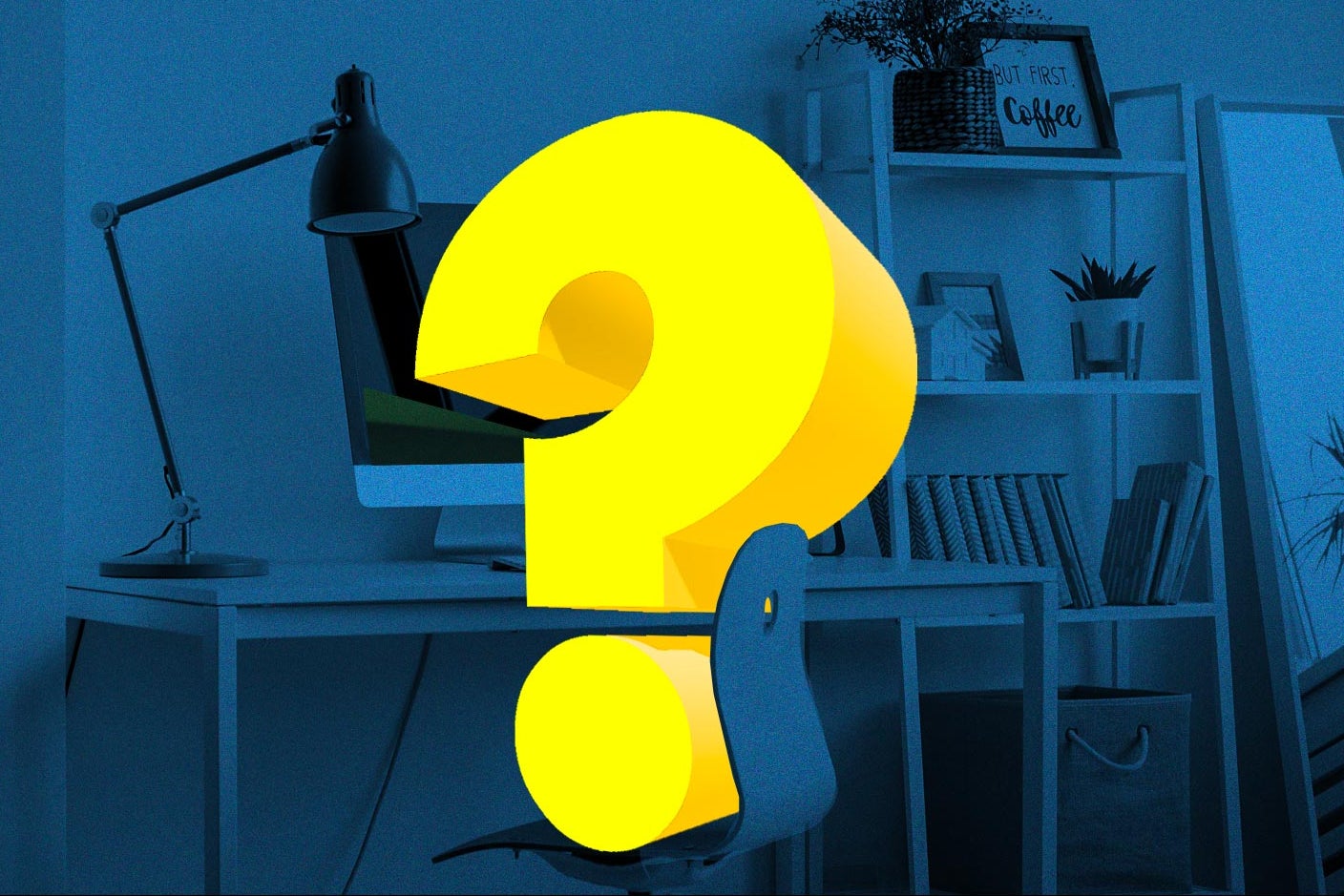 Giant yellow question mark sitting at a computer desk reading the laptop.