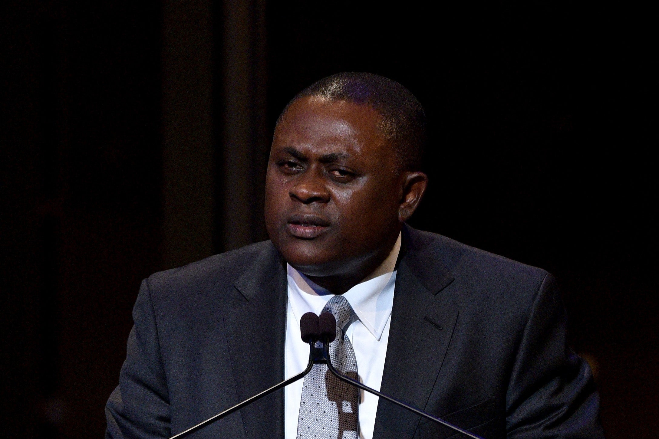 Bennet Omalu speaking at an event in New York City on Nov. 5, 2015.