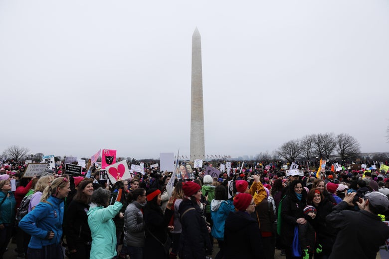 A crowd of protesters in front of the Washington Monument at the Women's March on January 21, 2017.