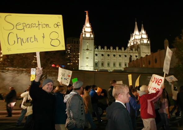 Thousands gather outside the world headquarters of the Church of Jesus Christ of Latter Day Saints in Salt Lake City, Utah, in 2008 to protest the Mormon church's support for Proposition 8.