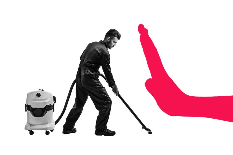 A man using a vacuum with an illustrated hand pushing him away.