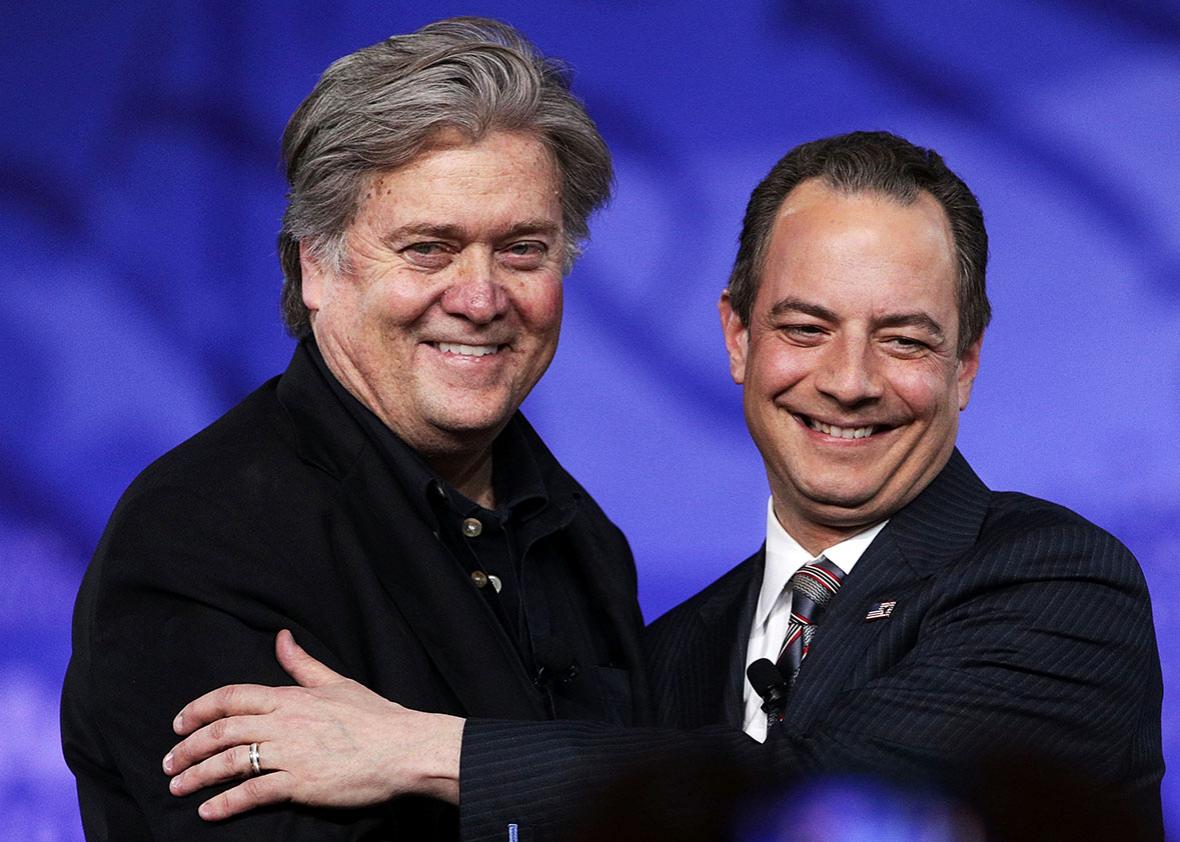 White House Chief of Staff Reince Priebus and White House Chief Strategist Steve Bannon arrive on stage for a conversation during the Conservative Political Action Conference at the Gaylord National Resort and Convention Center February 23, 2017 in National Harbor, Maryland.