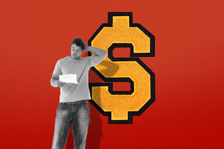 A young man scratches his head as he looks at a piece of paper. There is a dollar sign that looks like a university logo behind him.