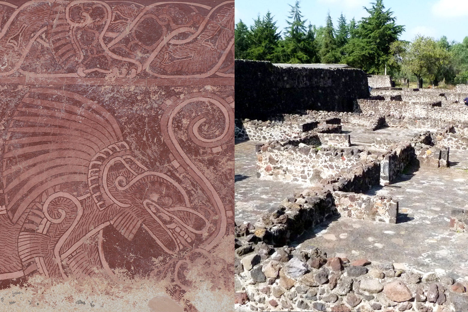 A fresco painting of a jaguar from the residential compound known as Atetelco. Paintings like this decorated the walls of most of the houses of Teotihuacán. Living quarters in the residential compound known as Tetitla. These large rooms and spaces are typical of the dwellings of the majority of the people at Teotihuacán.