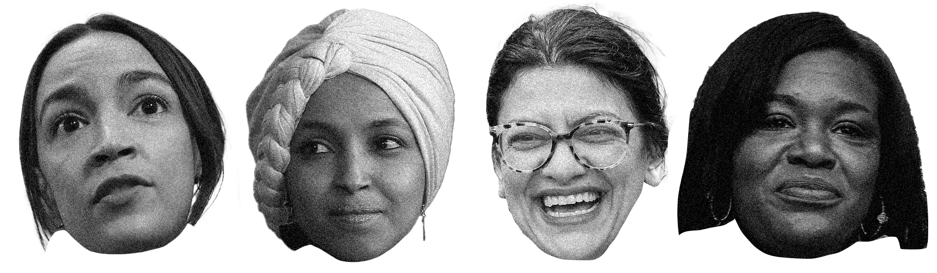 The faces of AOC, Ilhan Omar, Rashida Tlaib, and Cori Bush, in black-and-white and side by side.