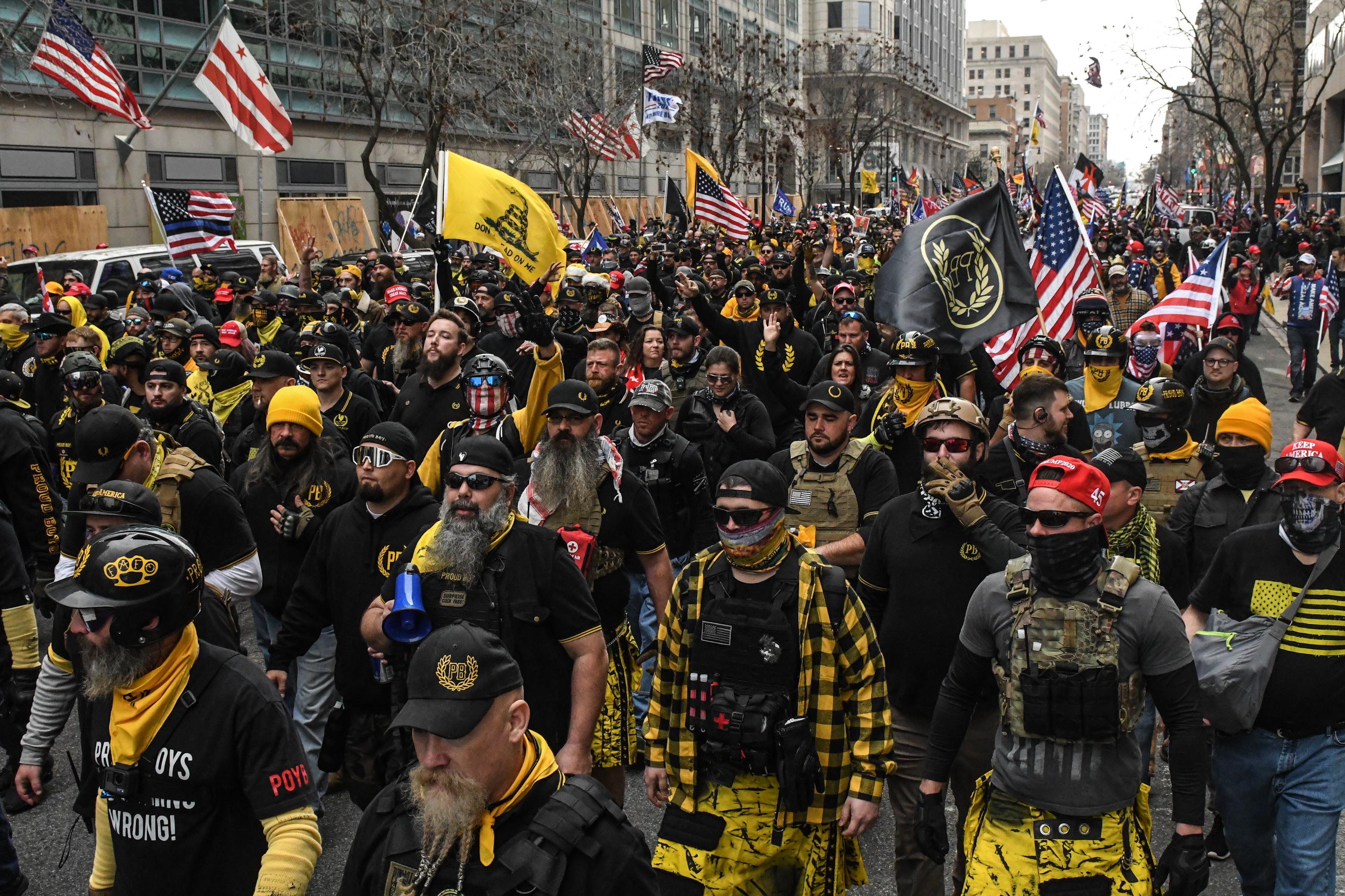 Members of the Proud Boys march towards Freedom Plaza during a protest on December 12, 2020 in Washington, D.C.