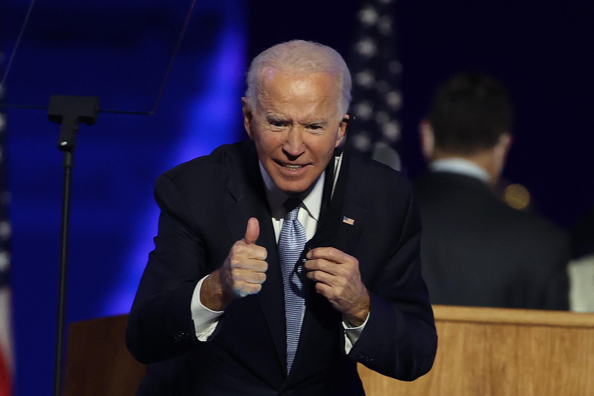 President-elect Joe Biden greets crowd after his address to the nation from the Chase Center November 7, 2020 in Wilmington, Delaware.