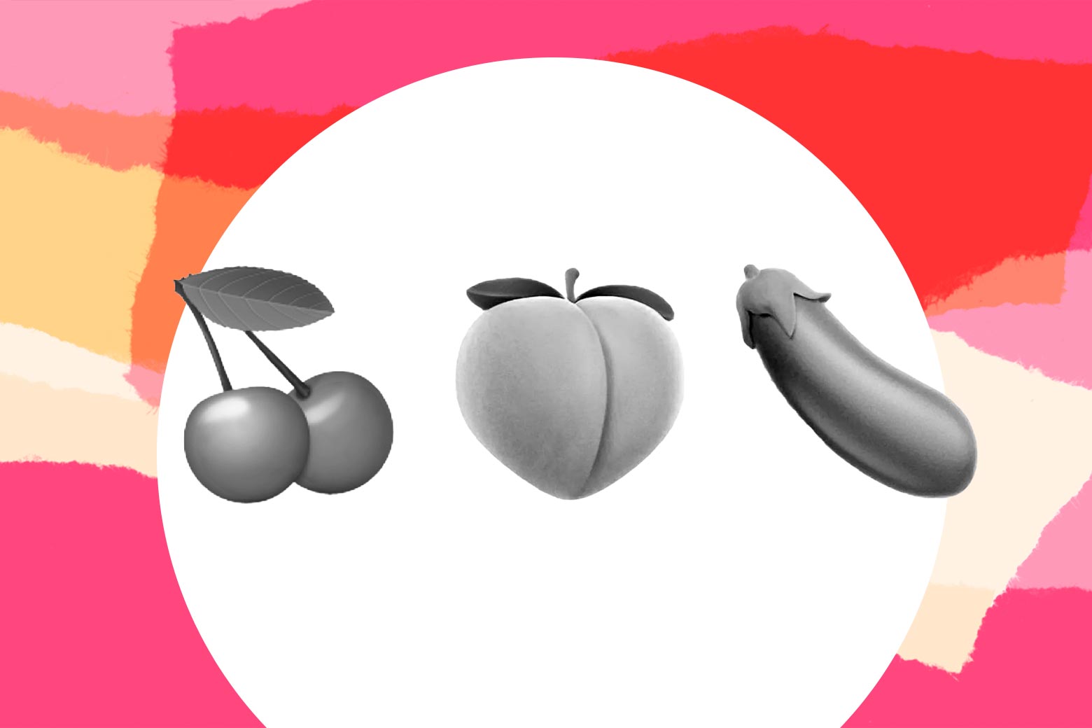 Emoji of cherries, a peach, and an eggplant.