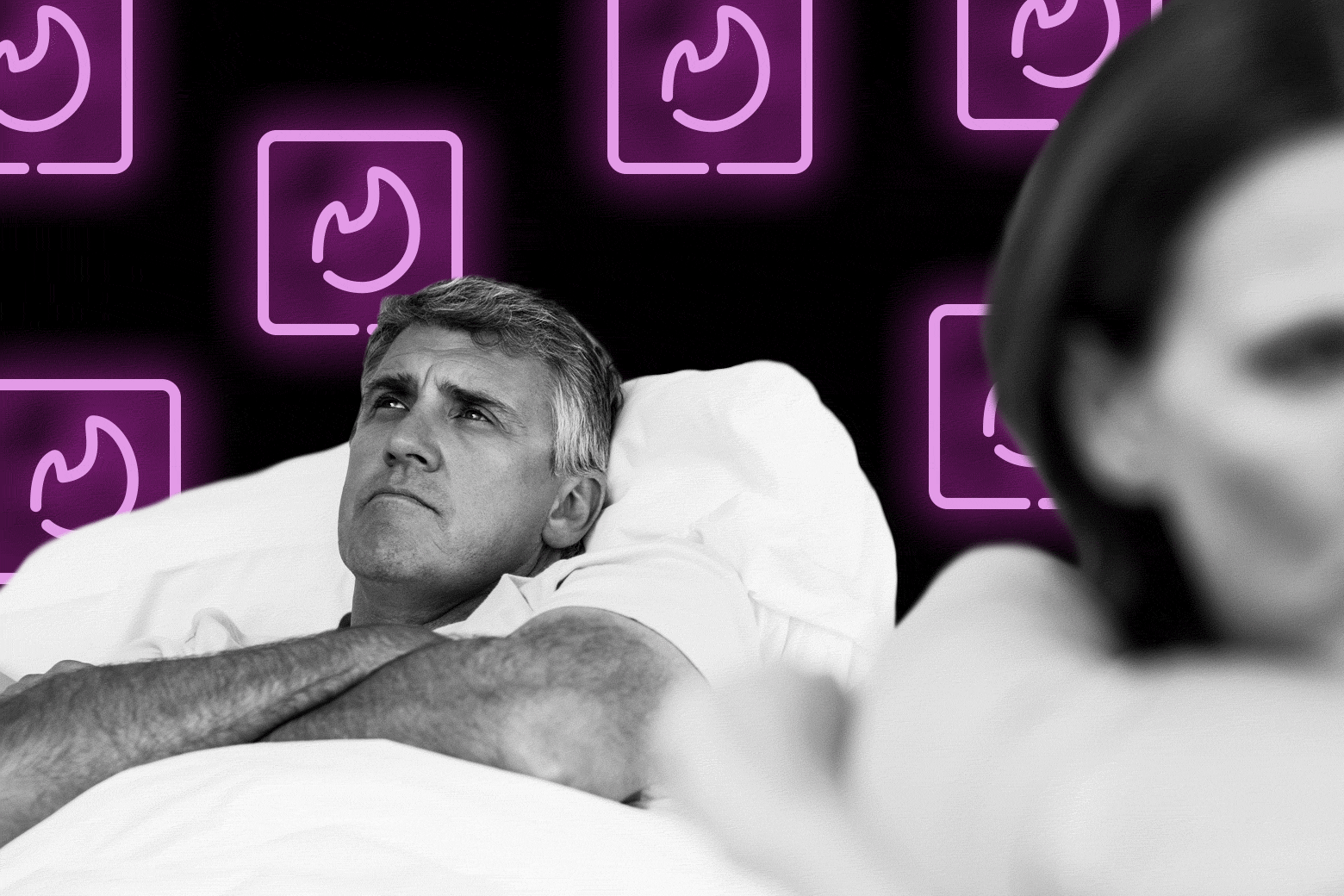 Photo illustration of a man thinking in bed while a blurred image of a woman leans out of the frame. Neon flame symbols glow in the background.
