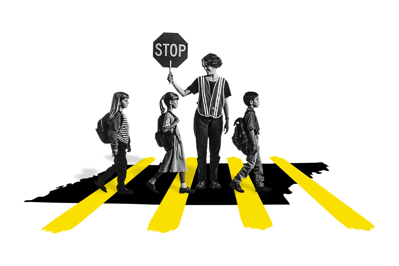 A photo illustration of students being led across the street by a crossing guard.