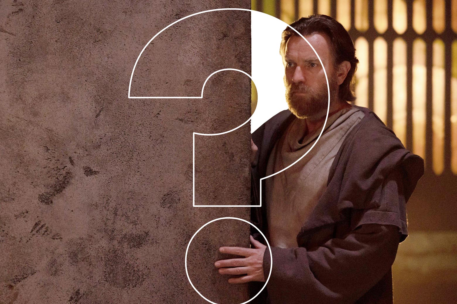 Ewan McGregor, goateed and berobed as Obi-Wan Kenobi, peers around a corner, looking confused. Photoshopped over him, a giant question mark.