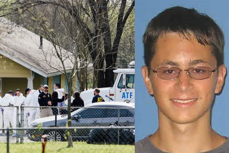 Side-by-side: Left: Law enforcement personnel investigate the home where Austin serial bomber Mark Anthony Conditt lived in Pflugerville, Texas. Right: Mark Anthony Conditt is seen in this undated handout photo released by Austin Community College.