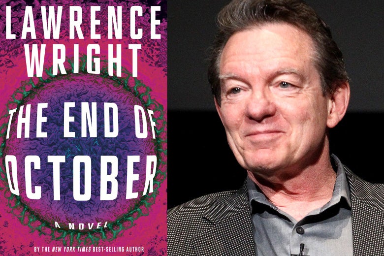 On the left, the cover of The End of October. On the right, Lawrence Wright.