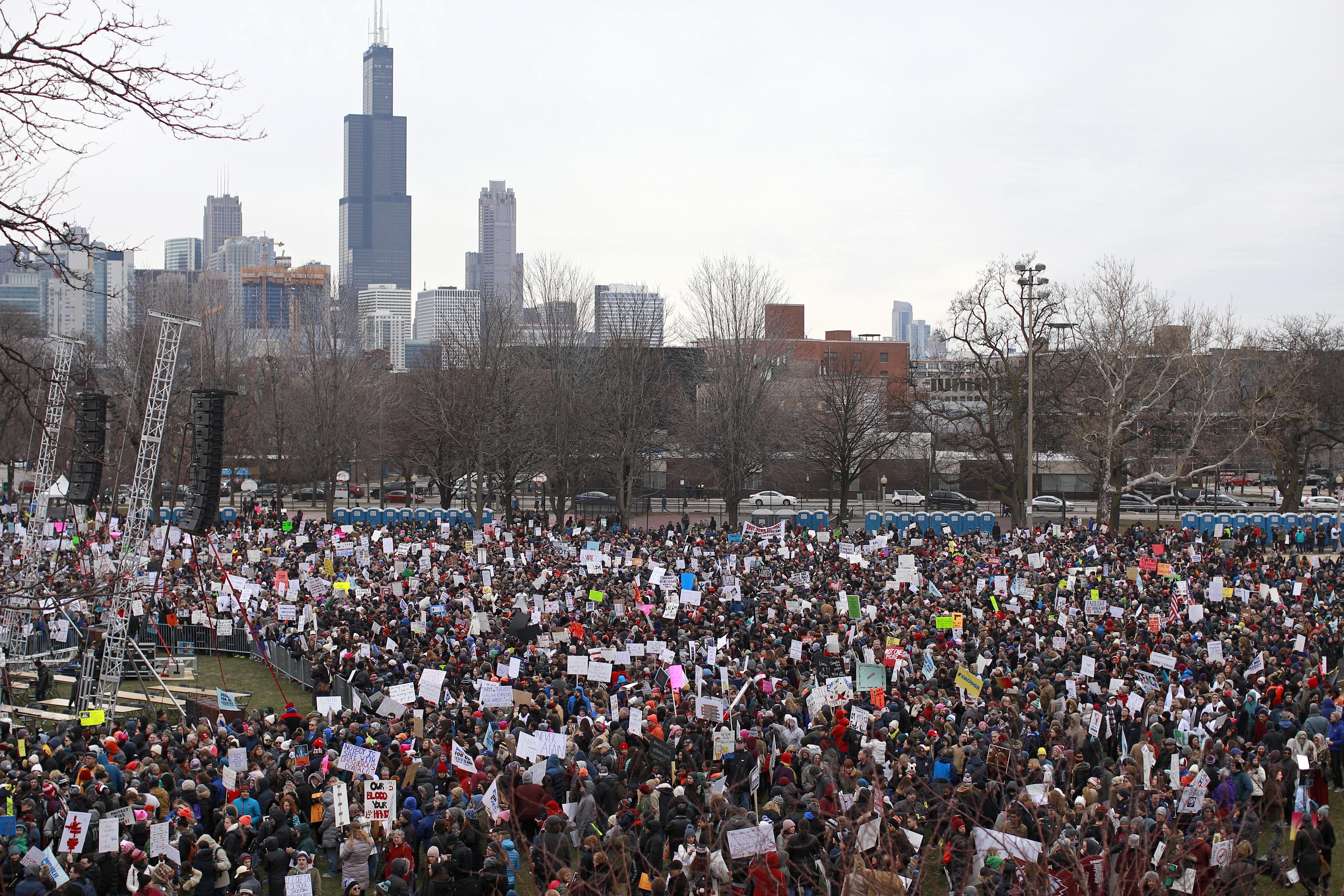 CHICAGO, IL - MARCH 24: Protestors gather for the March for Our Lives rally on March 24, 2018 in Chicago, Illinois. More than 800 March for Our Lives events, organized by survivors of the Parkland, Florida school shooting on February 14 that left 17 dead, are taking place around the world to call for legislative action to address school safety and gun violence. (Photo by Jim Young/Getty Images)