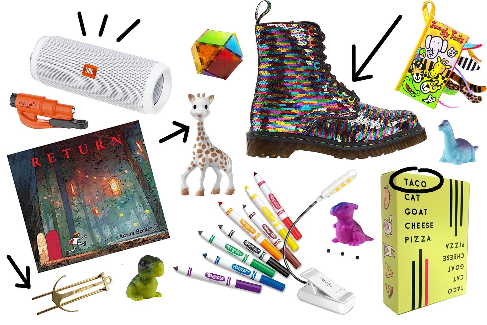 Collage of kids' gifts, including Bluetooth speaker, toy giraffe, markers, Doc Martens, and Taco Cat Goat Pizza