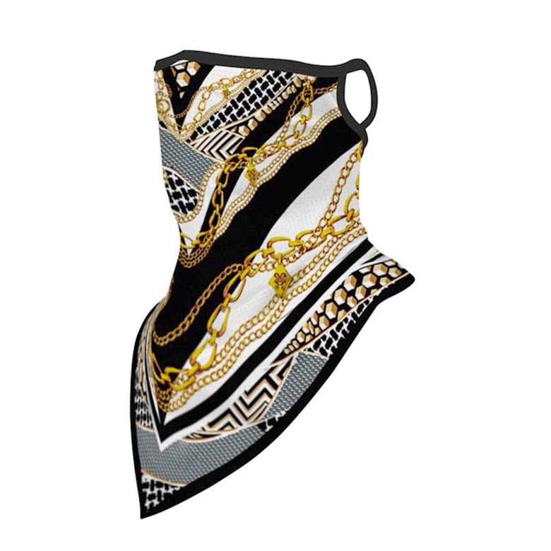 A scarf with printed designs of chains and geometric shapes.